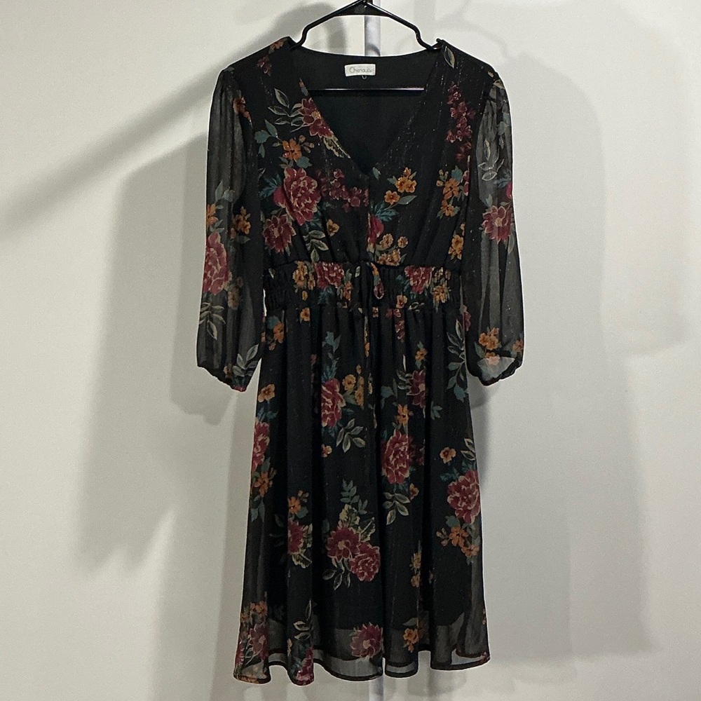 🍒 Chenault Black Midi Dress with Floral Accents